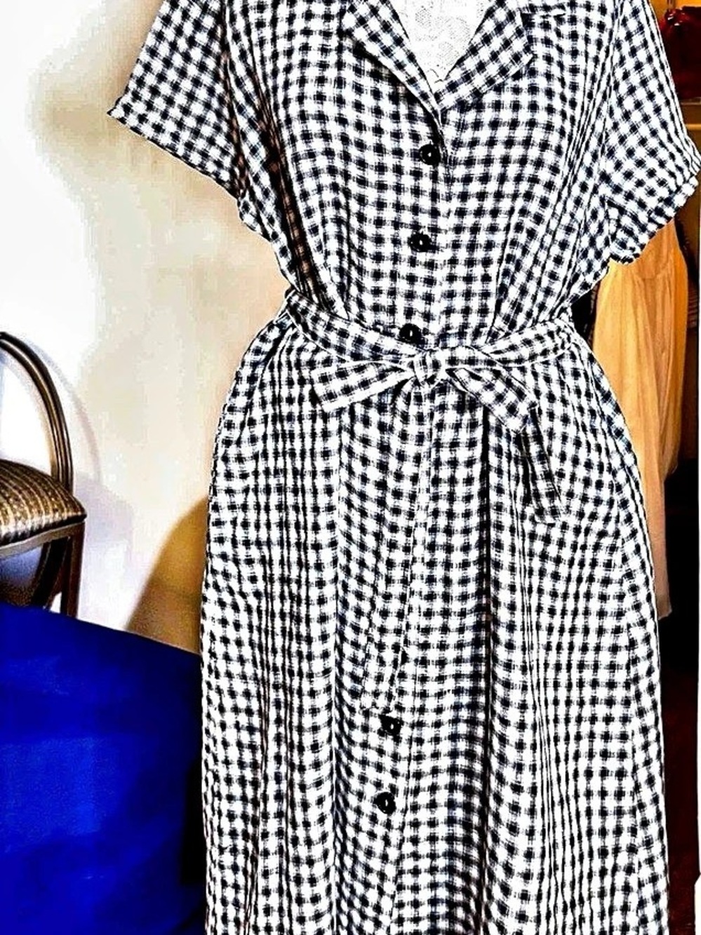 Black & White European linen, button front dress